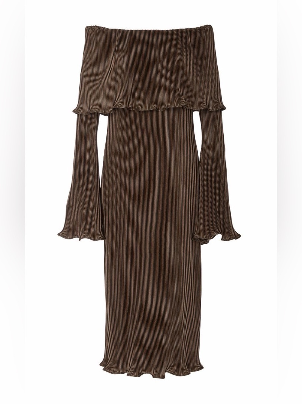Beaufille Off-Shoulder Brown Pleated Dress
